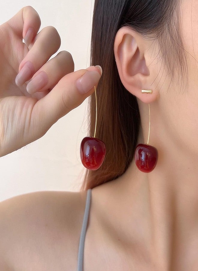 Decixde Cherry Earrings for Women Fun Fruit Drop Dangle Earrings Cute 3D Red Cherry Jewelry Unique Fruit Charm Jewelry for Women (Wine Red) - Image 3